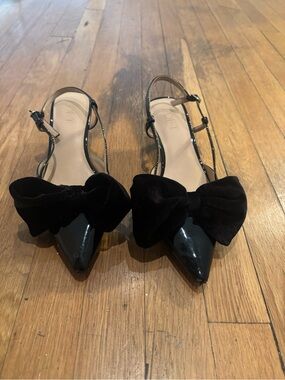 LOFT Black Patent Pointed-Toe Slingbacks with Velvet Bows